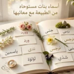 كتاب مفتوح على قماش من الكتان، يعرض بشكل منظم بطاقات تحمل أسماء بنات من الطبيعة مثل "وورد" و"ورد" و"ياسمين" و"جنى" و"ندى" و"لؤلؤة" و"ربى" و"نرجس" و"شذى"، ومزينة بعناصر طبيعية مثل أغصان الروزماري والورود.