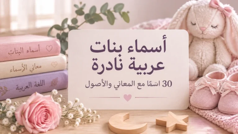 بطاقة أنيقة مكتوب عليها أسماء بنات عربية نادرة مع كتب وأحذية أطفال وردية.
