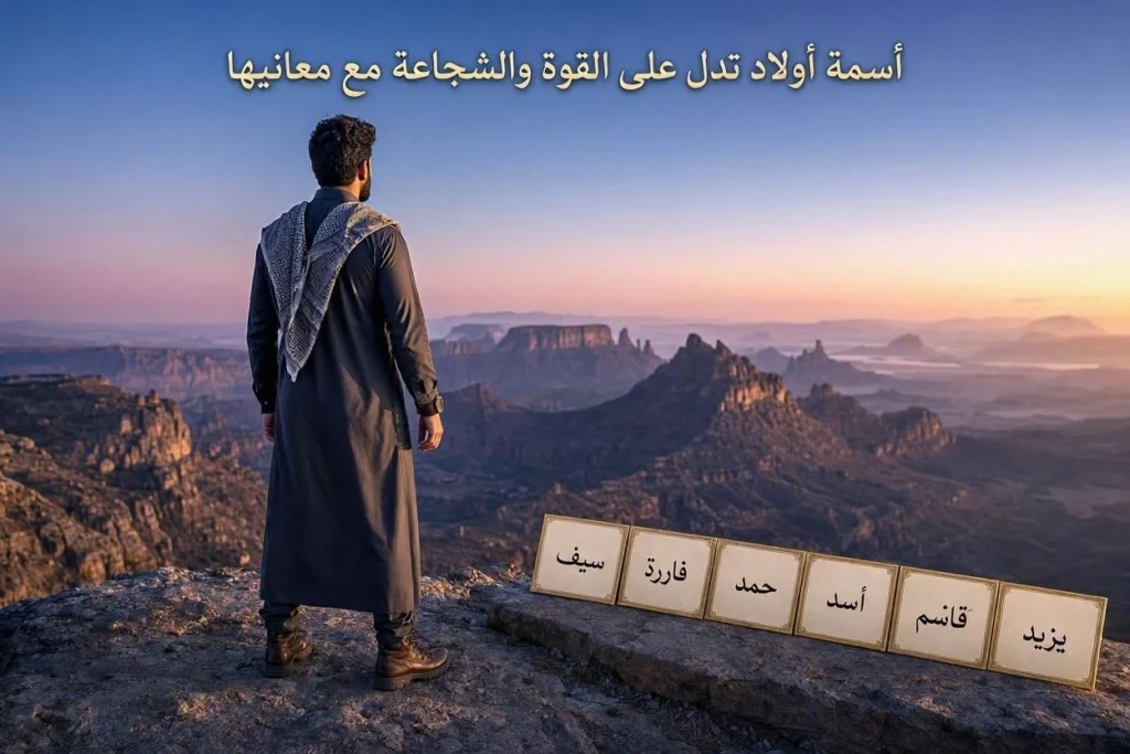 رجل يرتدي الثوب العربي التقليدي يقف على حافة جبلية شاهقة ويطل على وادٍ واسع، ويظهر عنوان "أسماء أولاد تدل على القوة والشجاعة مع معانيها" مع مكعبات تحمل أسماء (يزيد، قاسم، أسد، حمد، فاروق، سيف).