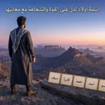 رجل يرتدي الثوب العربي التقليدي يقف على حافة جبلية شاهقة ويطل على وادٍ واسع، ويظهر عنوان "أسماء أولاد تدل على القوة والشجاعة مع معانيها" مع مكعبات تحمل أسماء (يزيد، قاسم، أسد، حمد، فاروق، سيف).