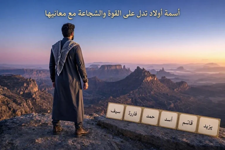رجل يرتدي الثوب العربي التقليدي يقف على حافة جبلية شاهقة ويطل على وادٍ واسع، ويظهر عنوان "أسماء أولاد تدل على القوة والشجاعة مع معانيها" مع مكعبات تحمل أسماء (يزيد، قاسم، أسد، حمد، فاروق، سيف).