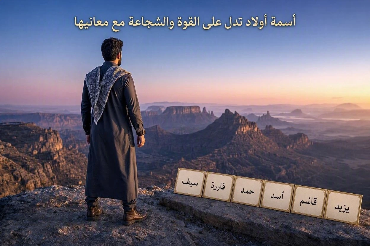 رجل يرتدي الثوب العربي التقليدي يقف على حافة جبلية شاهقة ويطل على وادٍ واسع، ويظهر عنوان "أسماء أولاد تدل على القوة والشجاعة مع معانيها" مع مكعبات تحمل أسماء (يزيد، قاسم، أسد، حمد، فاروق، سيف).
