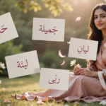 فتاة عربية أنيقة تجلس في حديقة مشمسة وقت الغروب تحيط بها بطاقات ورقية تحمل أسماء بنات تدل على الجمال والنعومة مثل حسناء، جميلة، ليان، زينة، لينة، وربى.