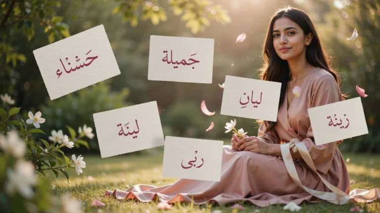 فتاة عربية أنيقة تجلس في حديقة مشمسة وقت الغروب تحيط بها بطاقات ورقية تحمل أسماء بنات تدل على الجمال والنعومة مثل حسناء، جميلة، ليان، زينة، لينة، وربى.