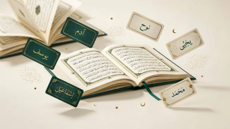 طاقات إسلامية مزخرفة بأسماء أولاد قرآنية تطير حول المصحف الشريف ضمن دليل أسماء أولاد من القرآن.