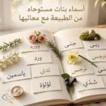 كتاب مفتوح على قماش من الكتان، يعرض بشكل منظم بطاقات تحمل أسماء بنات من الطبيعة مثل "وورد" و"ورد" و"ياسمين" و"جنى" و"ندى" و"لؤلؤة" و"ربى" و"نرجس" و"شذى"، ومزينة بعناصر طبيعية مثل أغصان الروزماري والورود.