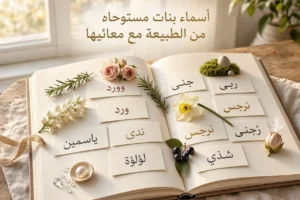 كتاب مفتوح على قماش من الكتان، يعرض بشكل منظم بطاقات تحمل أسماء بنات من الطبيعة مثل "وورد" و"ورد" و"ياسمين" و"جنى" و"ندى" و"لؤلؤة" و"ربى" و"نرجس" و"شذى"، ومزينة بعناصر طبيعية مثل أغصان الروزماري والورود.