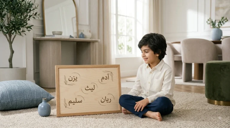 صورة تحريرية لطفل عربي وسيم يجلس في غرفة معيشة عصرية بجوار لوحة خشبية تعرض أسماء أولاد قصيرة مثل يزن، سليم، وريان.