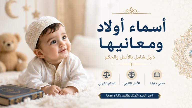 طفل رضيع مبتسم يرتدي قبعة تقليدية بجوار تصميم يوضح دليل أسماء أولاد ومقاصدها اللغوية