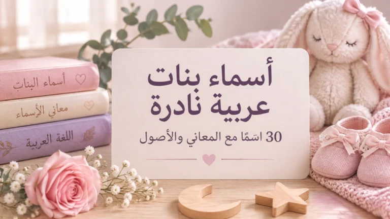 بطاقة أنيقة مكتوب عليها أسماء بنات عربية نادرة مع كتب وأحذية أطفال وردية.
