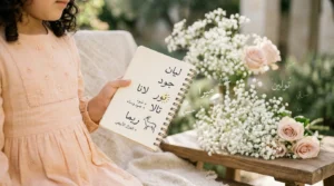 يد طفلة تمسك بدفتر سلك مفتوح يتضمن قائمة اقتراحات أسماء بنات عصرية مثل ليان وجود ولانا بجانب زهور بيضاء ووردية.