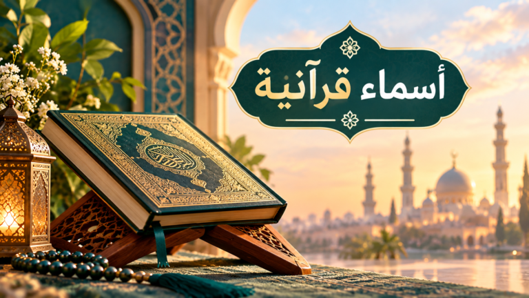 أسماء قرآنية مميزة مع القرآن الكريم ومسجد في الخلفية